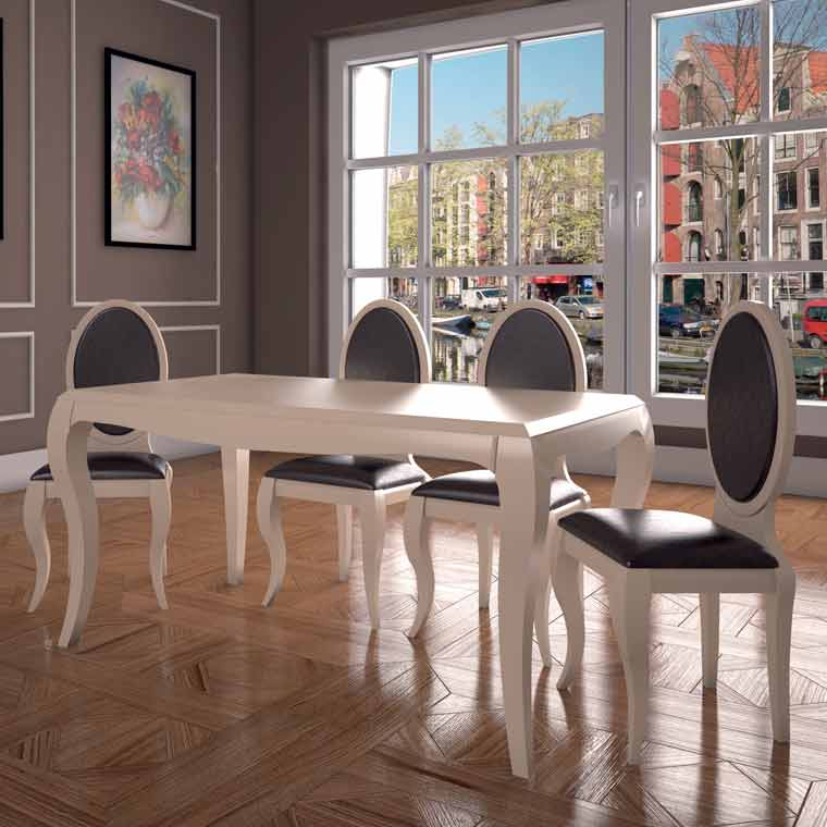 Mesa de salón comedor acabado lacado blanco y patas de madera+4 sillas