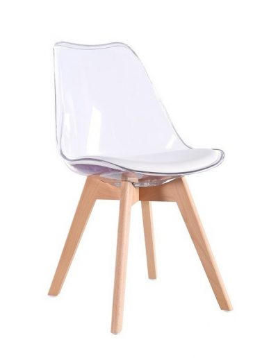 Silla de bar Toe Transparente Patas Madera Cojín Blanco